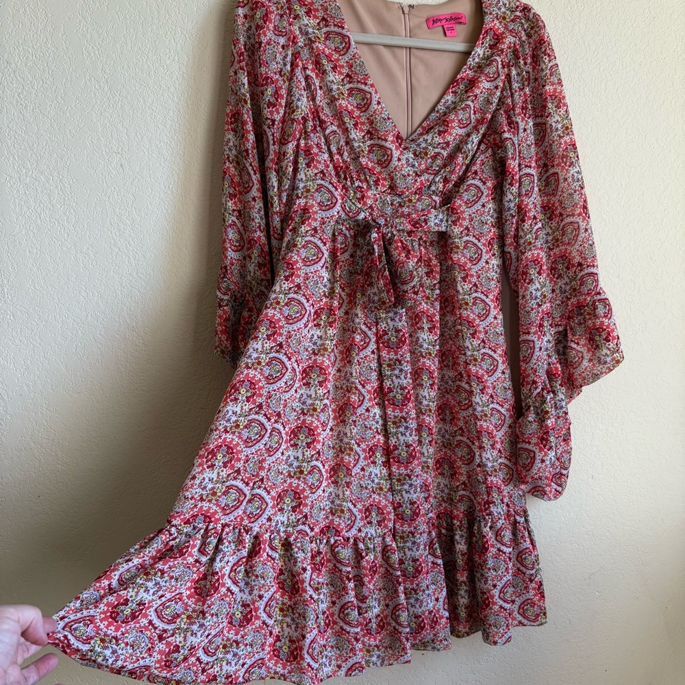 Betsey Johnson Floral V-Neck Dress with Tiered Ruffle and Bell Sleeves (Sz. 4)